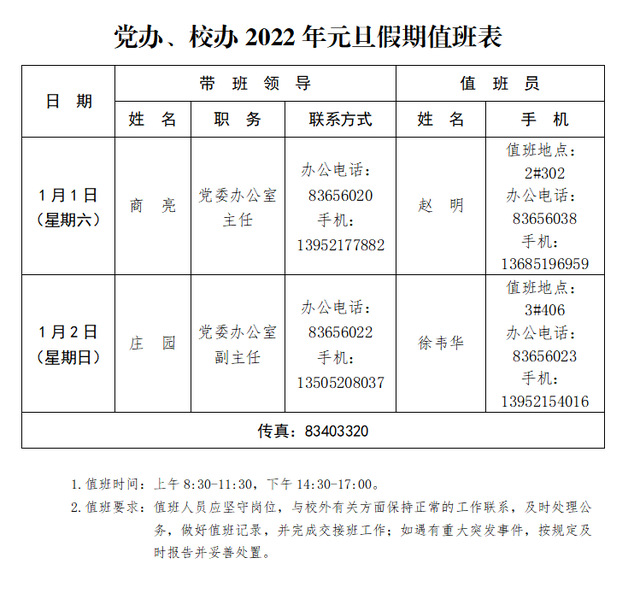 党办校办2022年元旦假期值班表